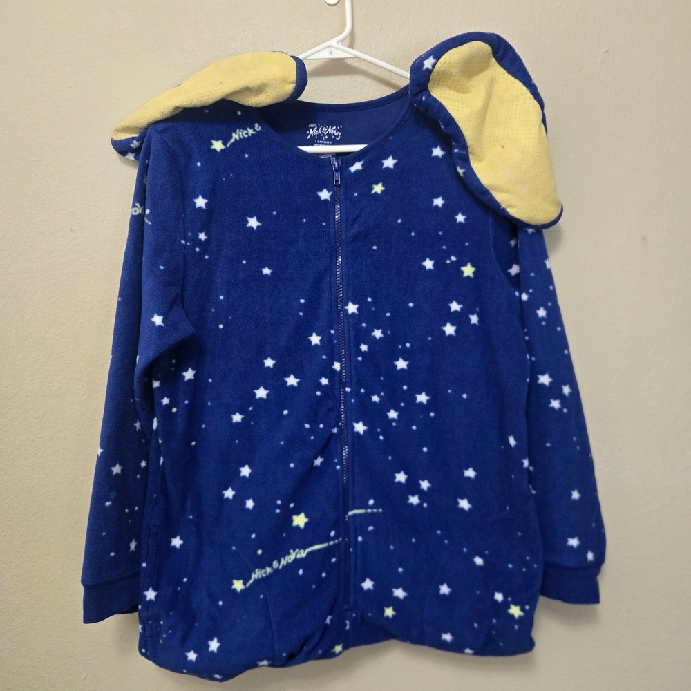 Nick & Nora Blue Star Fleece Footed Pajamas One Piece Sleepwear Small